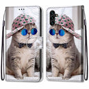 For Samsung Galaxy A13 5G Coloured Drawing Cross Texture Horizontal Flip PU Phone Leather Case with Holder & Card Slots & Wallet & Lanyard(Colorful Layer(Oblique Hat Blue Mirror Cat)