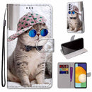 For Samsung Galaxy A33 5G Coloured Drawing Cross Texture Horizontal Flip PU Phone Leather Case with Holder & Card Slots & Wallet & Lanyard(Colorful Layer(Oblique Hat Blue Mirror Cat)