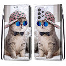 For Samsung Galaxy A33 5G Coloured Drawing Cross Texture Horizontal Flip PU Phone Leather Case with Holder & Card Slots & Wallet & Lanyard(Colorful Layer(Oblique Hat Blue Mirror Cat)