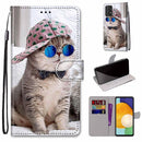 For Samsung Galaxy A53 5G Coloured Drawing Cross Texture Horizontal Flip PU Phone Leather Case with Holder & Card Slots & Wallet & Lanyard(Colorful Layer(Oblique Hat Blue Mirror Cat)