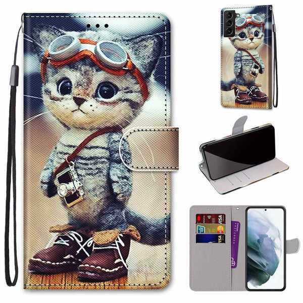 For Samsung Galaxy S22+ 5G Coloured Drawing Cross Texture Horizontal Flip PU Phone Leather Case with Holder & Card Slots & Wallet & Lanyard(Colorful Layer(Leather Shoes Cat)