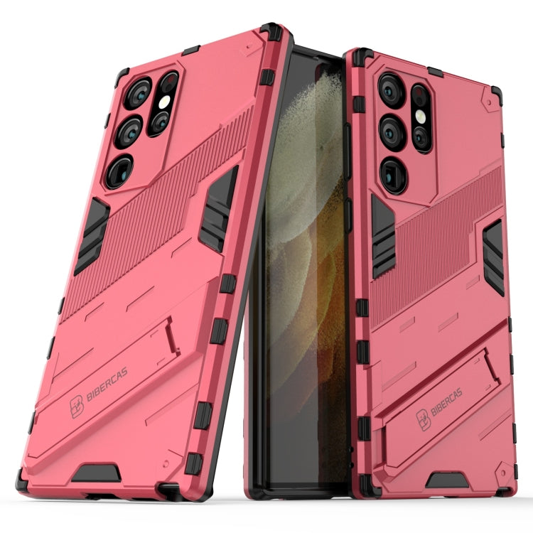 For Samsung Galaxy S22 Ultra 5G Punk Armor 2 in 1 PC + TPU Shockproof Phone Case with Invisible Holder(Light Red)