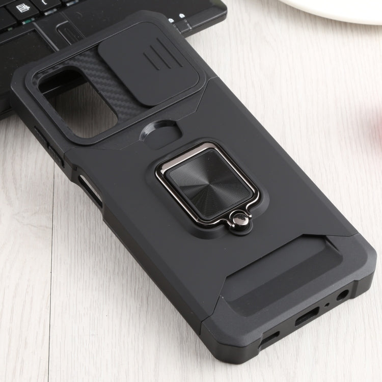 For Samsung Galaxy A13 5G Sliding Camera Cover Design PC + TPU Shockproof Phone Case with Ring Holder & Card Slot(Black)