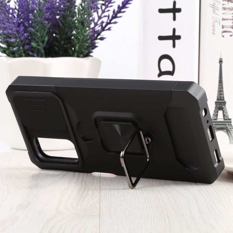 For Samsung Galaxy A13 5G Sliding Camera Cover Design PC + TPU Shockproof Phone Case with Ring Holder & Card Slot(Black)