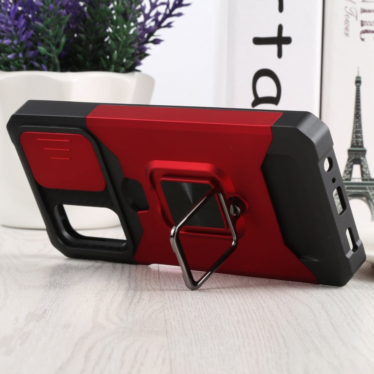 For Samsung Galaxy A13 5G Sliding Camera Cover Design PC + TPU Shockproof Phone Case with Ring Holder & Card Slot(Red)