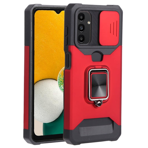 For Samsung Galaxy A13 5G Sliding Camera Cover Design PC + TPU Shockproof Phone Case with Ring Holder & Card Slot(Red)