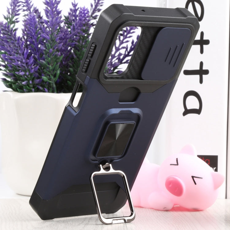For Samsung Galaxy A13 5G Sliding Camera Cover Design PC + TPU Shockproof Phone Case with Ring Holder & Card Slot(Blue)