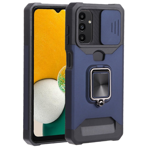 For Samsung Galaxy A13 5G Sliding Camera Cover Design PC + TPU Shockproof Phone Case with Ring Holder & Card Slot(Blue)