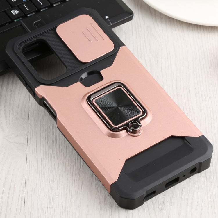 For Samsung Galaxy A13 5G Sliding Camera Cover Design PC + TPU Shockproof Phone Case with Ring Holder & Card Slot(Rose Gold)
