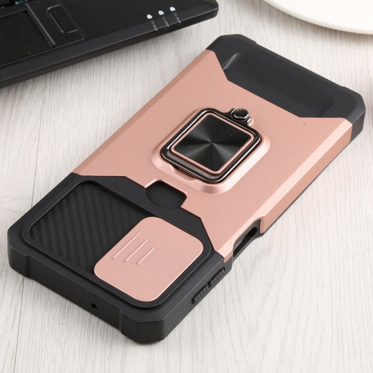 For Samsung Galaxy A13 5G Sliding Camera Cover Design PC + TPU Shockproof Phone Case with Ring Holder & Card Slot(Rose Gold)