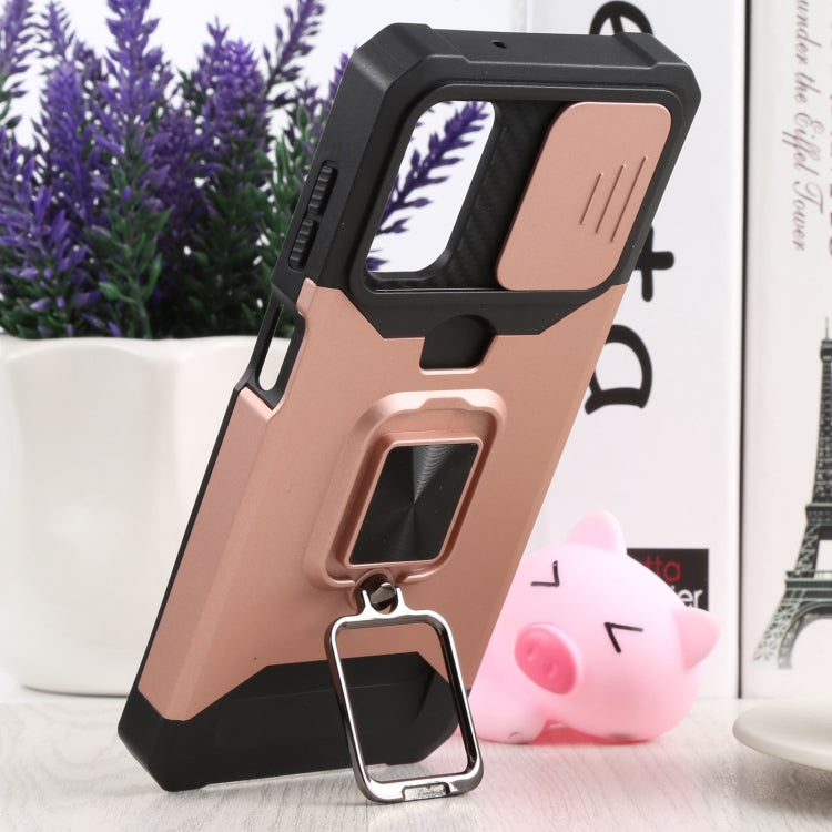 For Samsung Galaxy A13 5G Sliding Camera Cover Design PC + TPU Shockproof Phone Case with Ring Holder & Card Slot(Rose Gold)