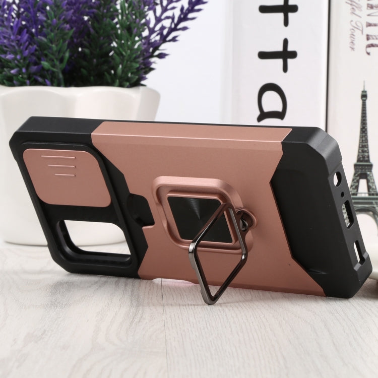 For Samsung Galaxy A13 5G Sliding Camera Cover Design PC + TPU Shockproof Phone Case with Ring Holder & Card Slot(Rose Gold)