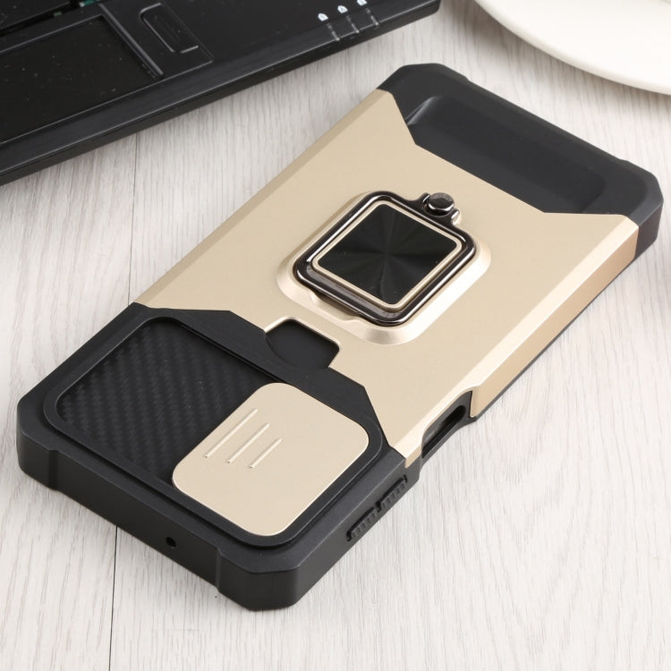 For Samsung Galaxy A13 5G Sliding Camera Cover Design PC + TPU Shockproof Phone Case with Ring Holder & Card Slot(Gold)
