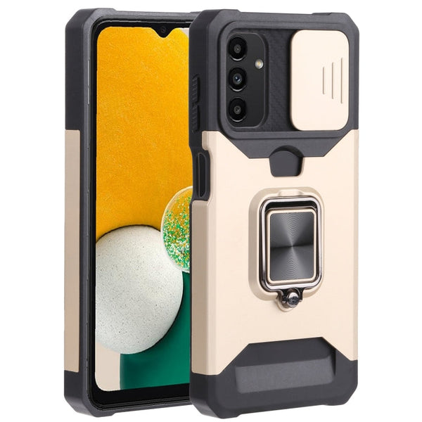 For Samsung Galaxy A13 5G Sliding Camera Cover Design PC + TPU Shockproof Phone Case with Ring Holder & Card Slot(Gold)