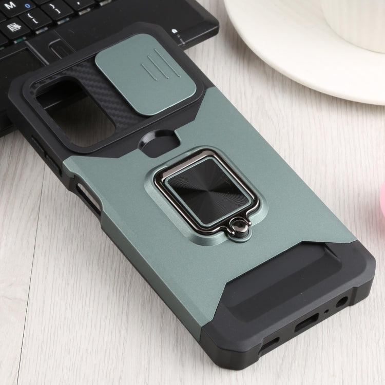 For Samsung Galaxy A13 5G Sliding Camera Cover Design PC + TPU Shockproof Phone Case with Ring Holder & Card Slot(Dark Green)