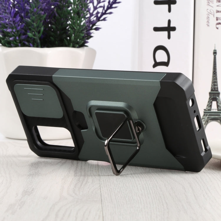 For Samsung Galaxy A13 5G Sliding Camera Cover Design PC + TPU Shockproof Phone Case with Ring Holder & Card Slot(Dark Green)