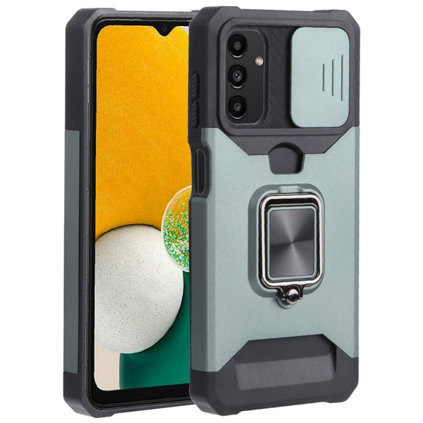 For Samsung Galaxy A13 5G Sliding Camera Cover Design PC + TPU Shockproof Phone Case with Ring Holder & Card Slot(Dark Green)