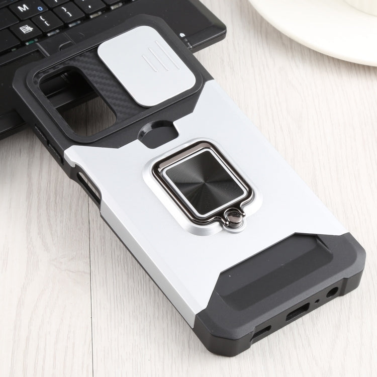 For Samsung Galaxy A13 5G Sliding Camera Cover Design PC + TPU Shockproof Phone Case with Ring Holder & Card Slot(Silver)