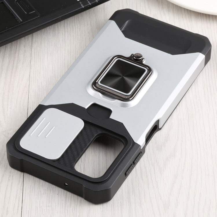 For Samsung Galaxy A13 5G Sliding Camera Cover Design PC + TPU Shockproof Phone Case with Ring Holder & Card Slot(Silver)