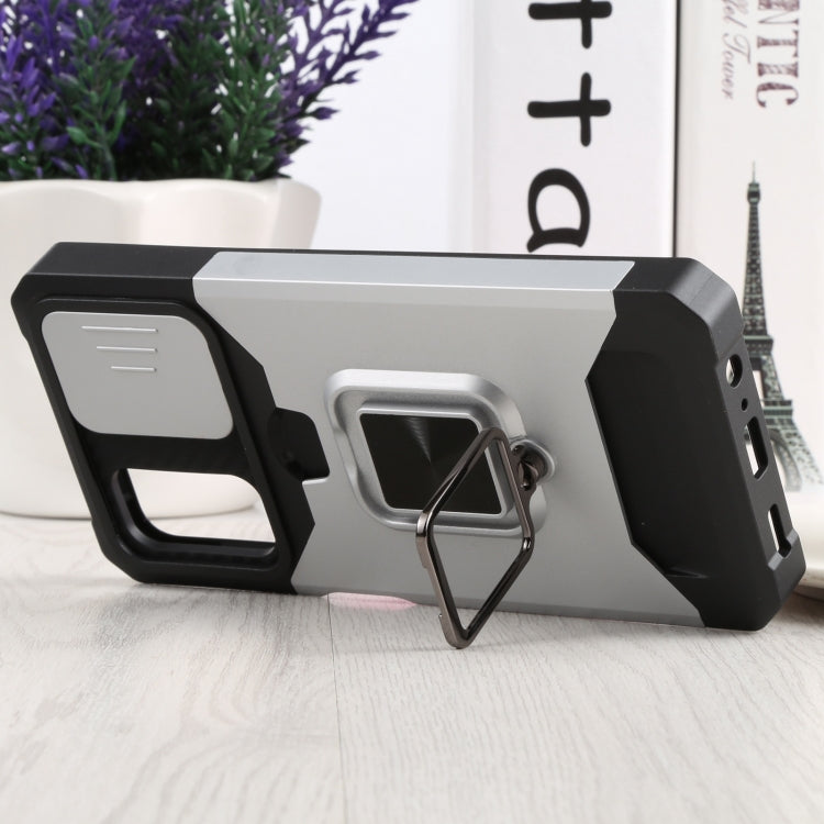 For Samsung Galaxy A13 5G Sliding Camera Cover Design PC + TPU Shockproof Phone Case with Ring Holder & Card Slot(Silver)