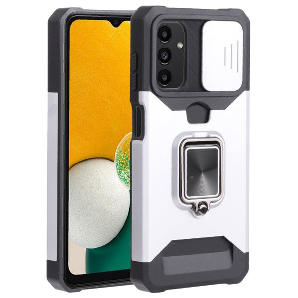 For Samsung Galaxy A13 5G Sliding Camera Cover Design PC + TPU Shockproof Phone Case with Ring Holder & Card Slot(Silver)