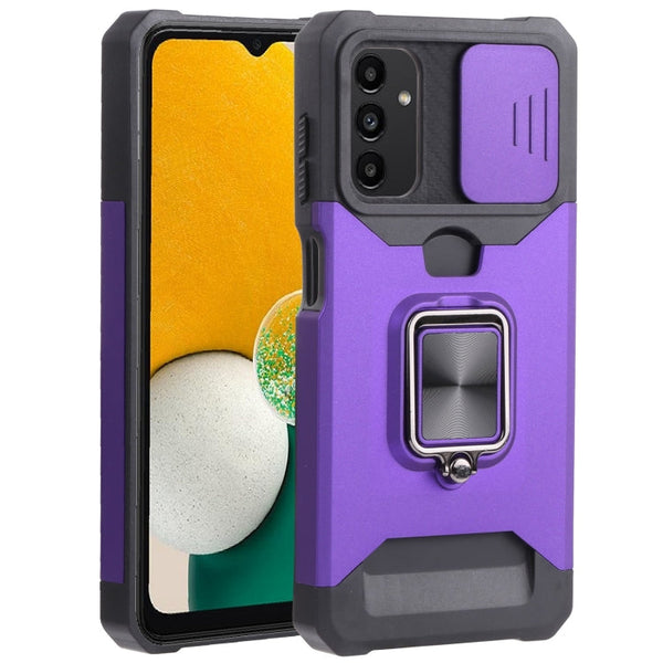 For Samsung Galaxy A13 5G Sliding Camera Cover Design PC + TPU Shockproof Phone Case with Ring Holder & Card Slot(Purple)