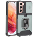 For Samsung Galaxy S22 5G Sliding Camera Cover Design PC + TPU Shockproof Phone Case with Ring Holder & Card Slot(Dark Green)