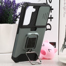 For Samsung Galaxy S22 5G Sliding Camera Cover Design PC + TPU Shockproof Phone Case with Ring Holder & Card Slot(Dark Green)