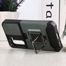 For Samsung Galaxy S22 5G Sliding Camera Cover Design PC + TPU Shockproof Phone Case with Ring Holder & Card Slot(Dark Green)