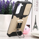 For Samsung Galaxy S22+ 5G Sliding Camera Cover Design PC + TPU Shockproof Phone Case with Ring Holder & Card Slot(Gold)
