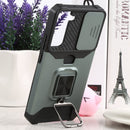 For Samsung Galaxy S22+ 5G Sliding Camera Cover Design PC + TPU Shockproof Phone Case with Ring Holder & Card Slot(Dark Green)