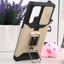 For Samsung Galaxy S22 Ultra 5G Sliding Camera Cover Design PC + TPU Shockproof Phone Case with Ring Holder & Card Slot(Gold)