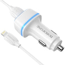 Borofone BZ14 12W Dual USB Ports Car Charger with Ambient Light + 1m USB to 8 Pin Data Cable Set(White)