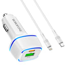 Borofone BZ14A PD 20W USB-C / Type-C + QC 3.0 USB Ports Car Charger with Ambient Light + 1m USB-C / Type-C to 8 Pin Data Cable Set(White)