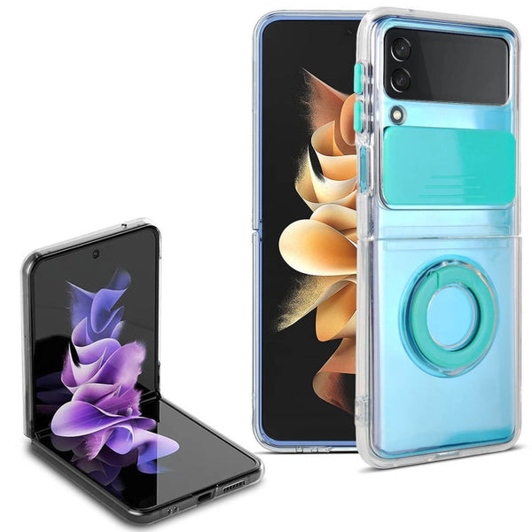 For Samsung Galaxy Z Flip3 5G Sliding Camera Design TPU Phone Case with Ring Holder(Mint Green)