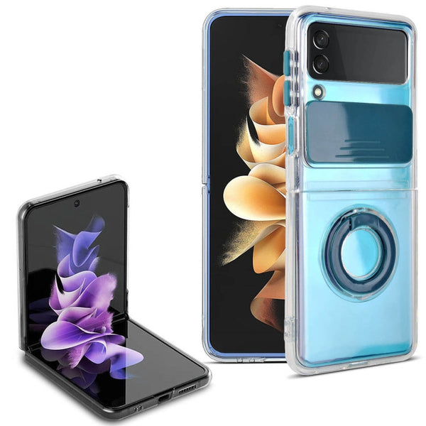For Samsung Galaxy Z Flip3 5G Sliding Camera Design TPU Phone Case with Ring Holder(Dark Green)