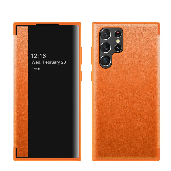 For Samsung Galaxy S22 Ultra 5G Window View Leather Phone Case(Orange)