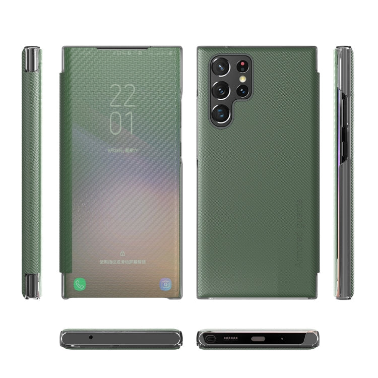 For Samsung Galaxy S22 Ultra 5G Carbon Fiber View Time Leather Phone Case(Green)