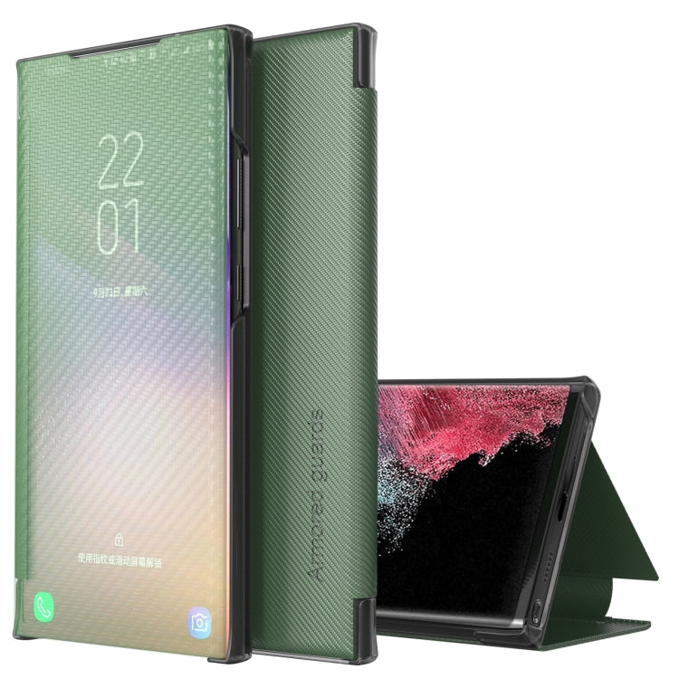 For Samsung Galaxy S22 Ultra 5G Carbon Fiber View Time Leather Phone Case(Green)