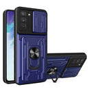 For Samsung Galaxy S21 FE 5G Camera Cover Phone Case with Card Slot & Holder(Blue)