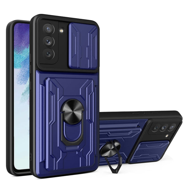 For Samsung Galaxy S21 FE 5G Camera Cover Phone Case with Card Slot & Holder(Blue)