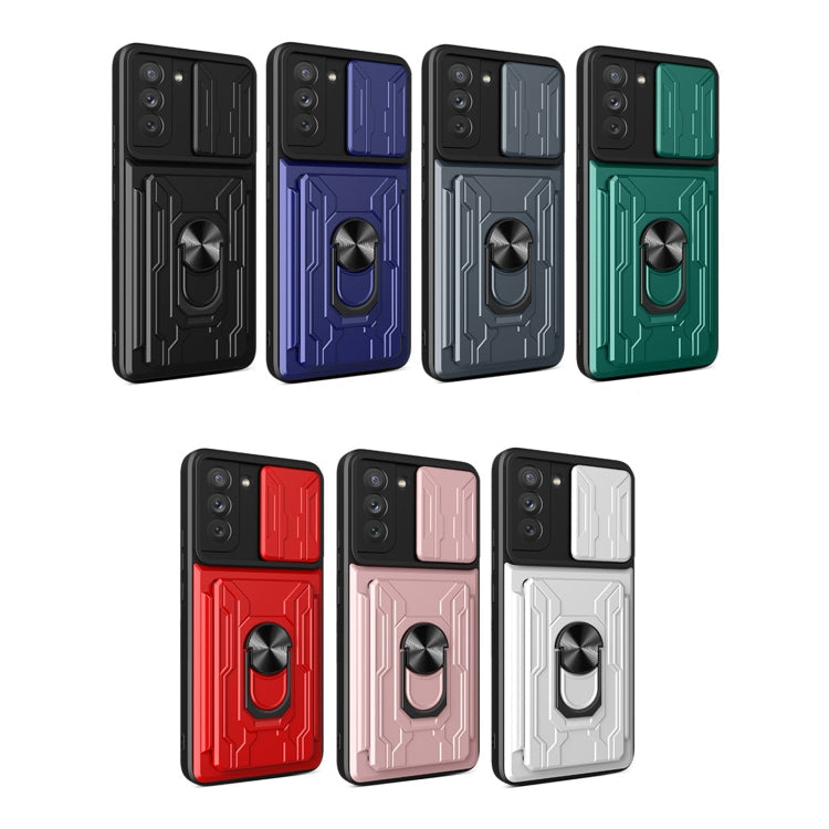 For Samsung Galaxy S21 FE 5G Camera Cover Phone Case with Card Slot & Holder(Black)
