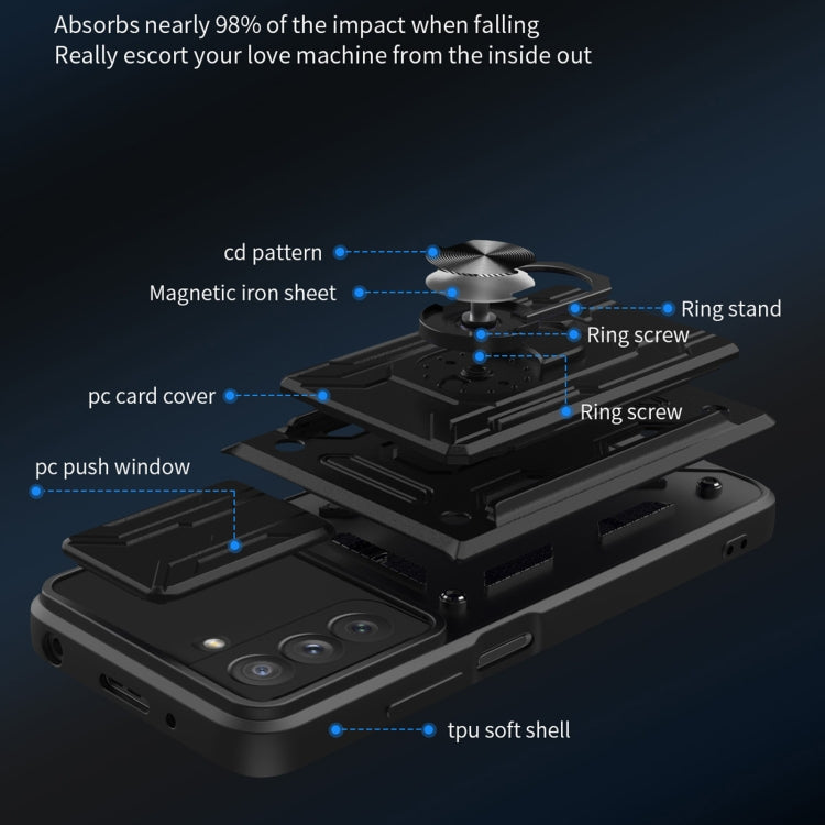 For Samsung Galaxy S21 FE 5G Camera Cover Phone Case with Card Slot & Holder(Black)