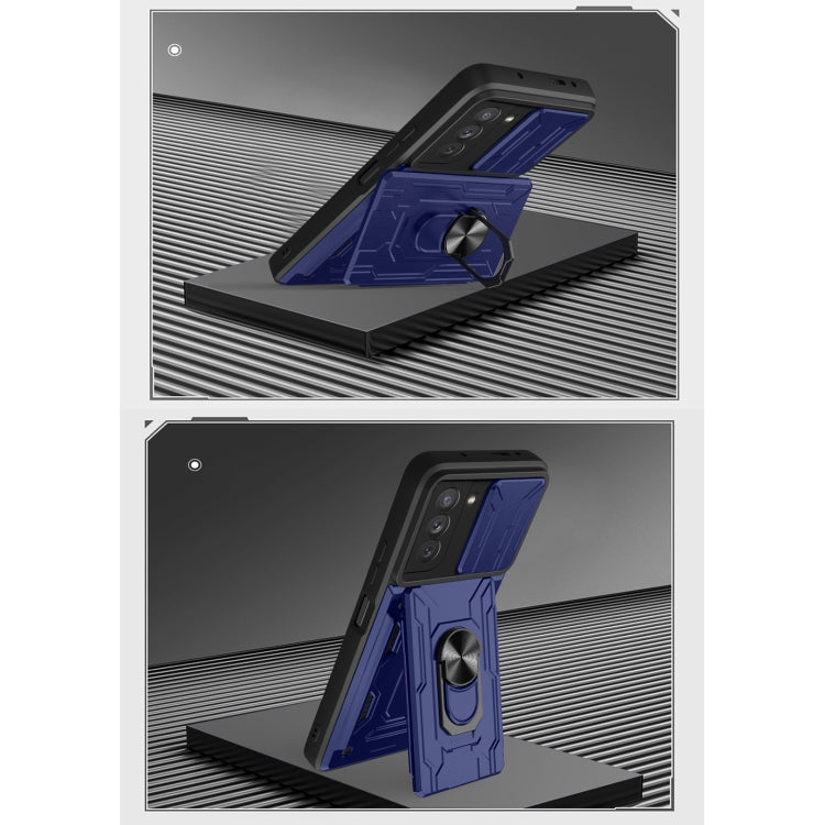 For Samsung Galaxy S21 FE 5G Camera Cover Phone Case with Card Slot & Holder(Black)