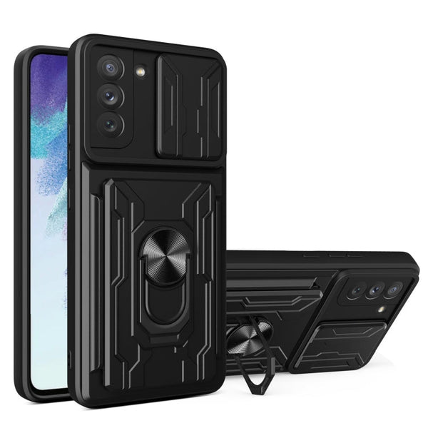 For Samsung Galaxy S21 FE 5G Camera Cover Phone Case with Card Slot & Holder(Black)