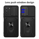 For Samsung Galaxy S21 FE 5G Camera Cover Phone Case with Card Slot & Holder(Black)