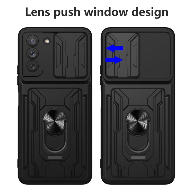 For Samsung Galaxy S21 FE 5G Camera Cover Phone Case with Card Slot & Holder(Black)