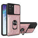 For Samsung Galaxy S21 FE 5G Camera Cover Phone Case with Card Slot & Holder(Rose Gold)
