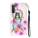 For Samsung Galaxy S22 5G Oil Embossed Pattern PU Leather Phone Case(Owl Wind Chimes)