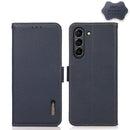 For Samsung Galaxy S21 FE 5G KHAZNEH Side-Magnetic Litchi Genuine Leather RFID Phone Case(Blue)